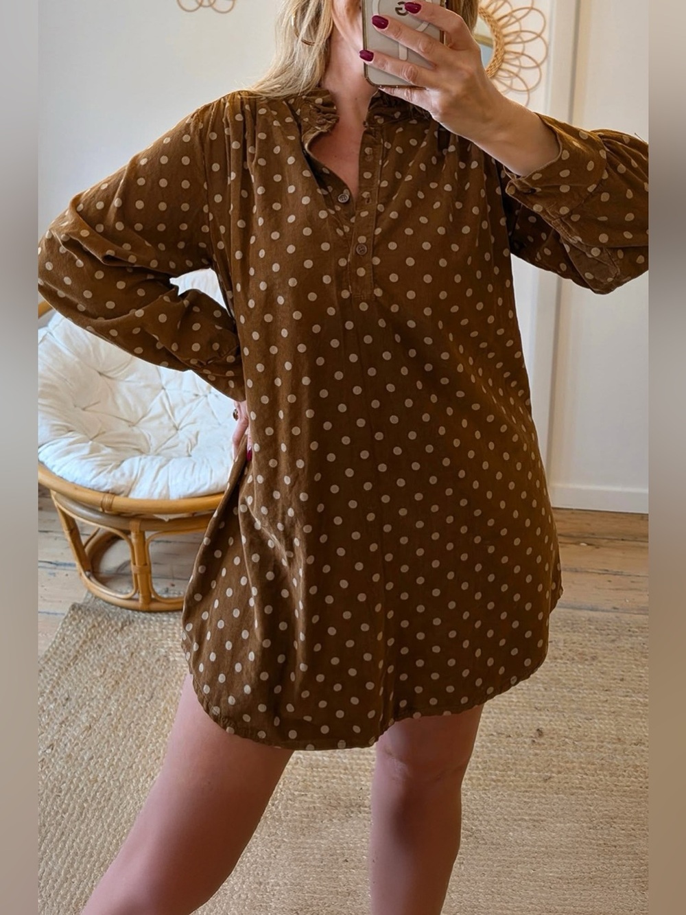 Polka Dot V Neck Long Sleeve Button Shift Dress